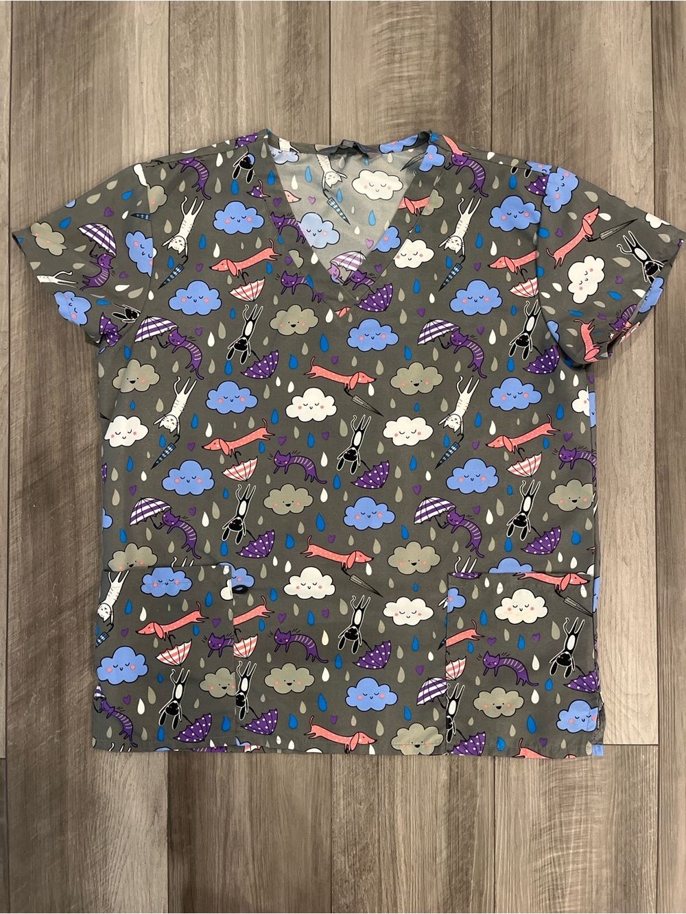 Grey Short Sleeve Scrub Top with Clouds. Rain, Dogs, and Cats